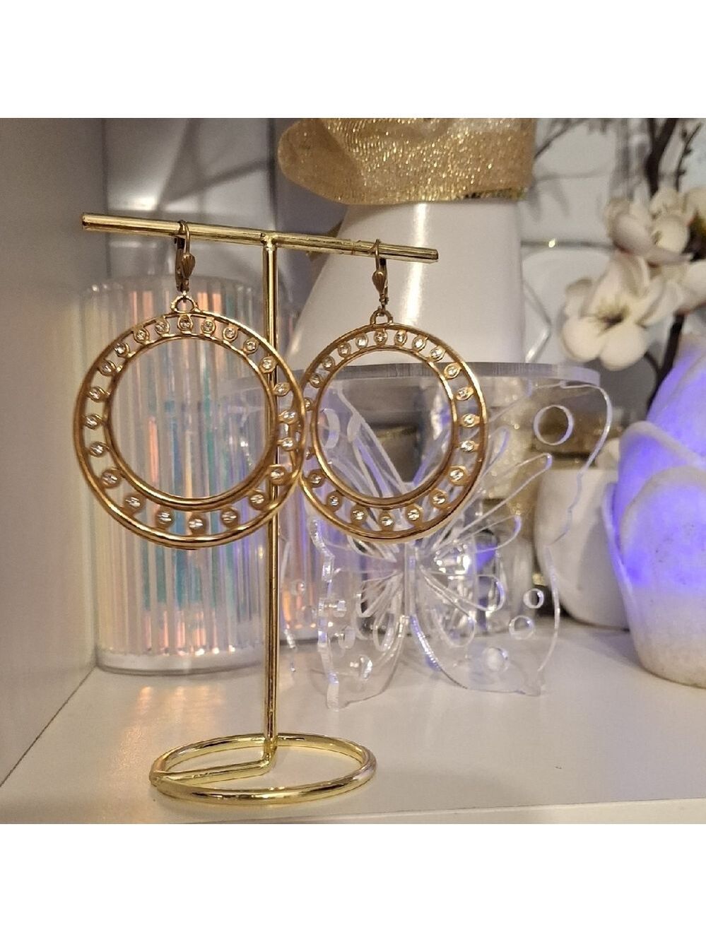 Chic Gold Hoop Earrings with Rhinestone Accents Vintage